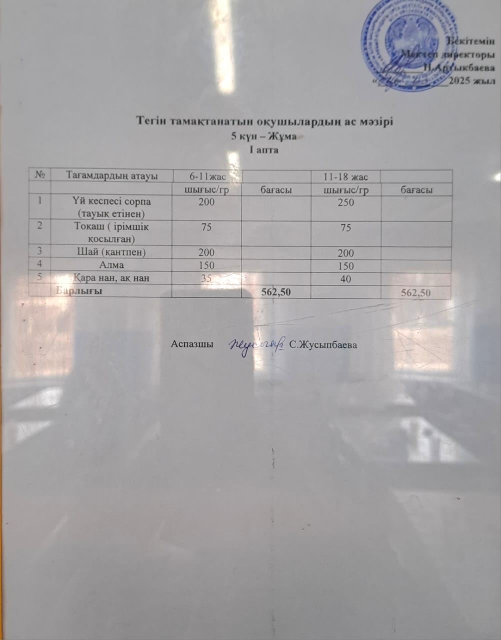 Тегін тамақтанатын оқушылардың бір күндік ас мәзірі