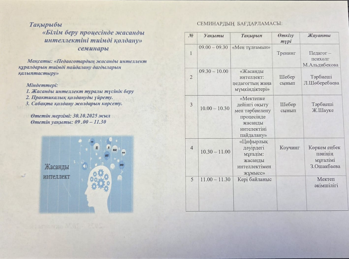Семинар "Білім беру процесінде жасанды интеллектіні тиімді қолдау"